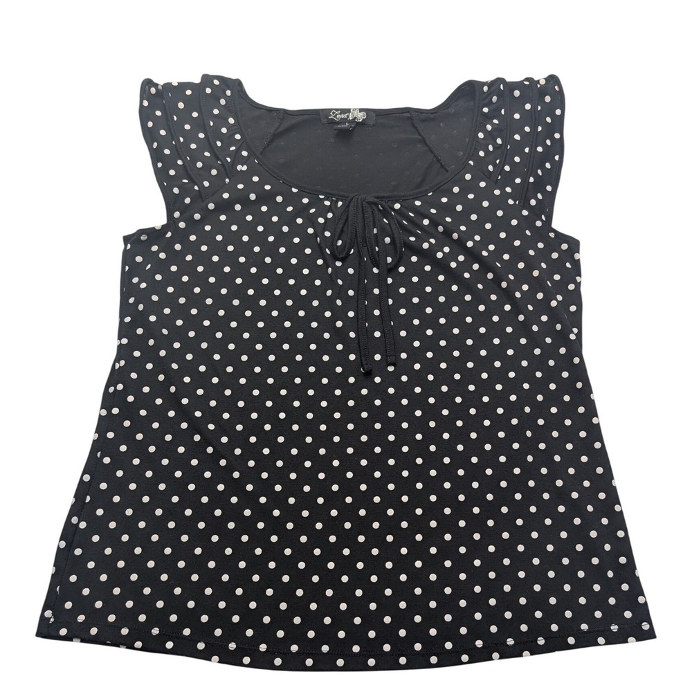 Zena Polka Dot Top Womens Large Black White Flutter Sleeve Tie Front Scoop Neck